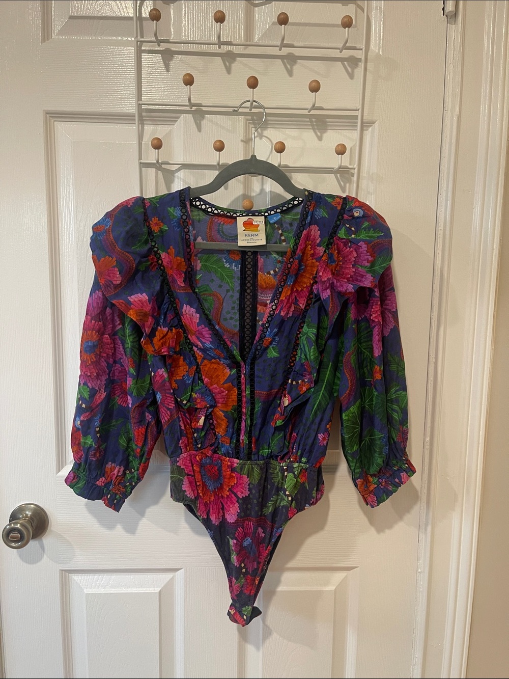 FARM Rio Navy Floral Puff-Sleeve Bodysuit with Bright Blooms